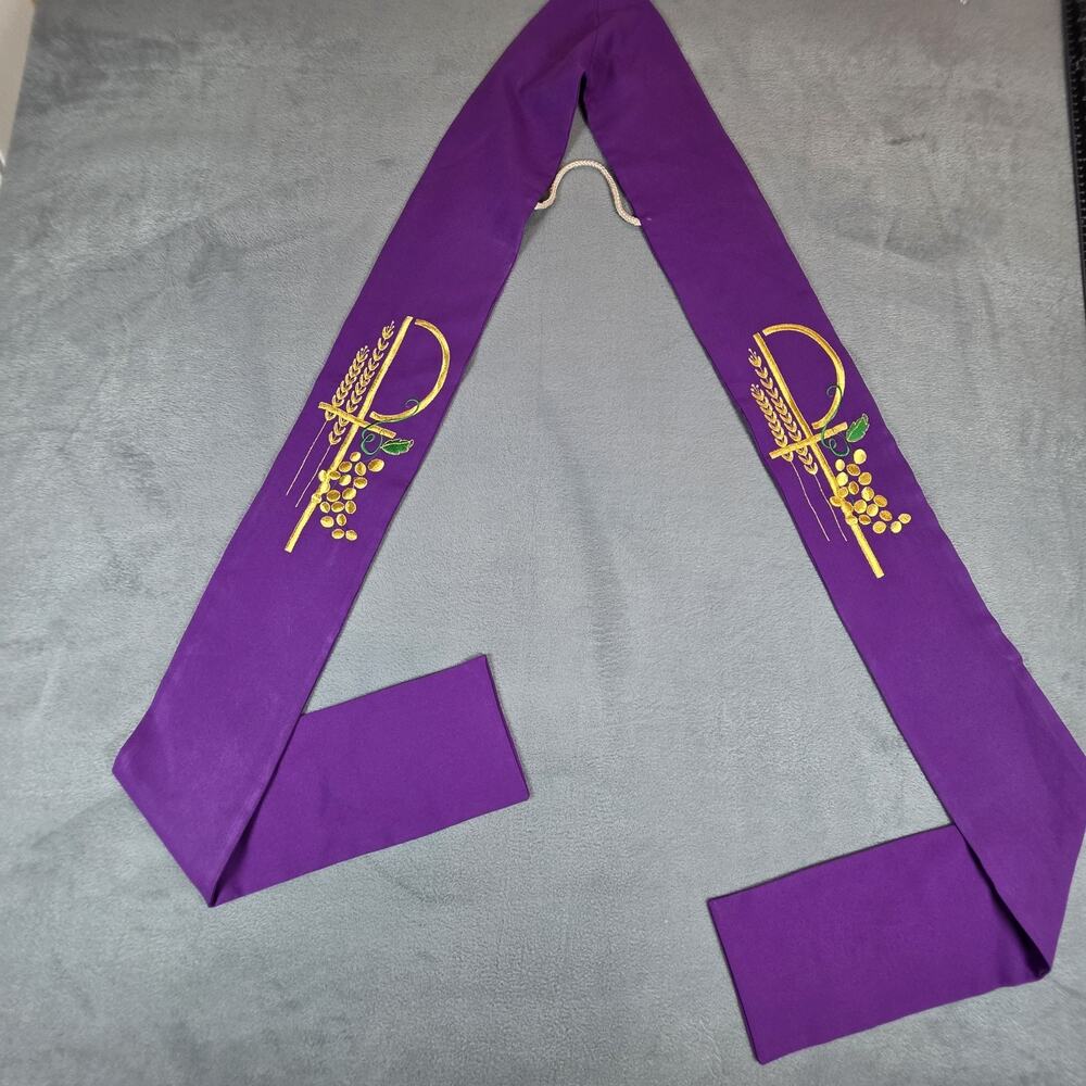 Purple Clergy Priest Stole Chi Rho Eucharist Embroidered Liturgical Vestment